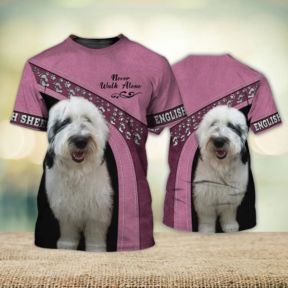 3D Dog T Shirts, English Sheep Dog Love Never Walk Alone All Over Print T-Shirt, Gift For Pet Loves