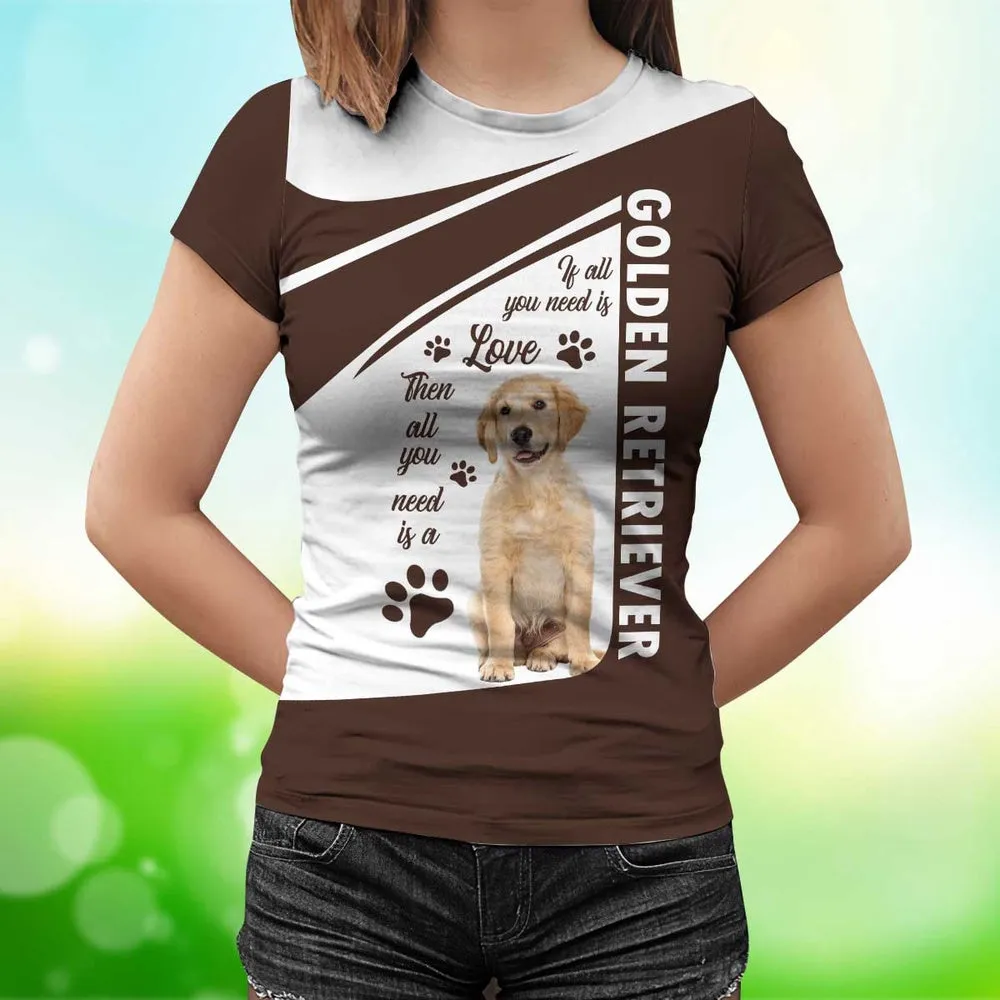 3D Dog T Shirts, Golden Retriever All Over Print T-Shirt, Gift For Pet Loves