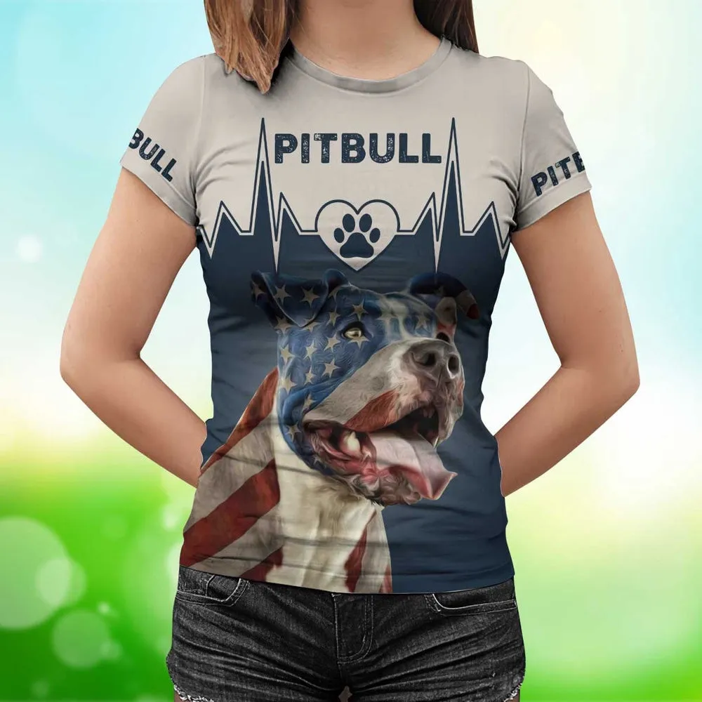 3D Dog T Shirts, Pitbull America All Over Print T-Shirt, Gift For Pet Loves