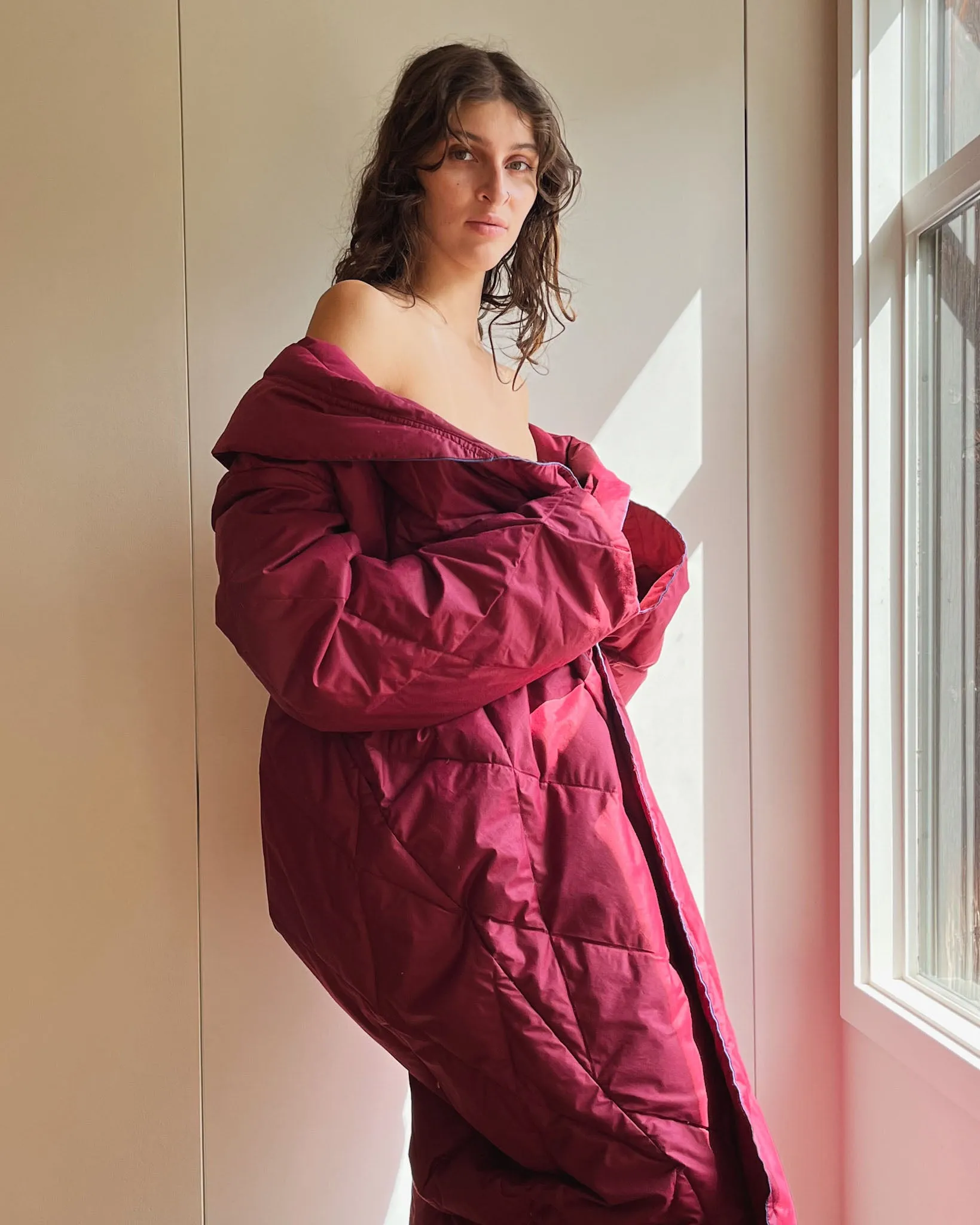 90s Berry Quilted Down Robe | S-XL