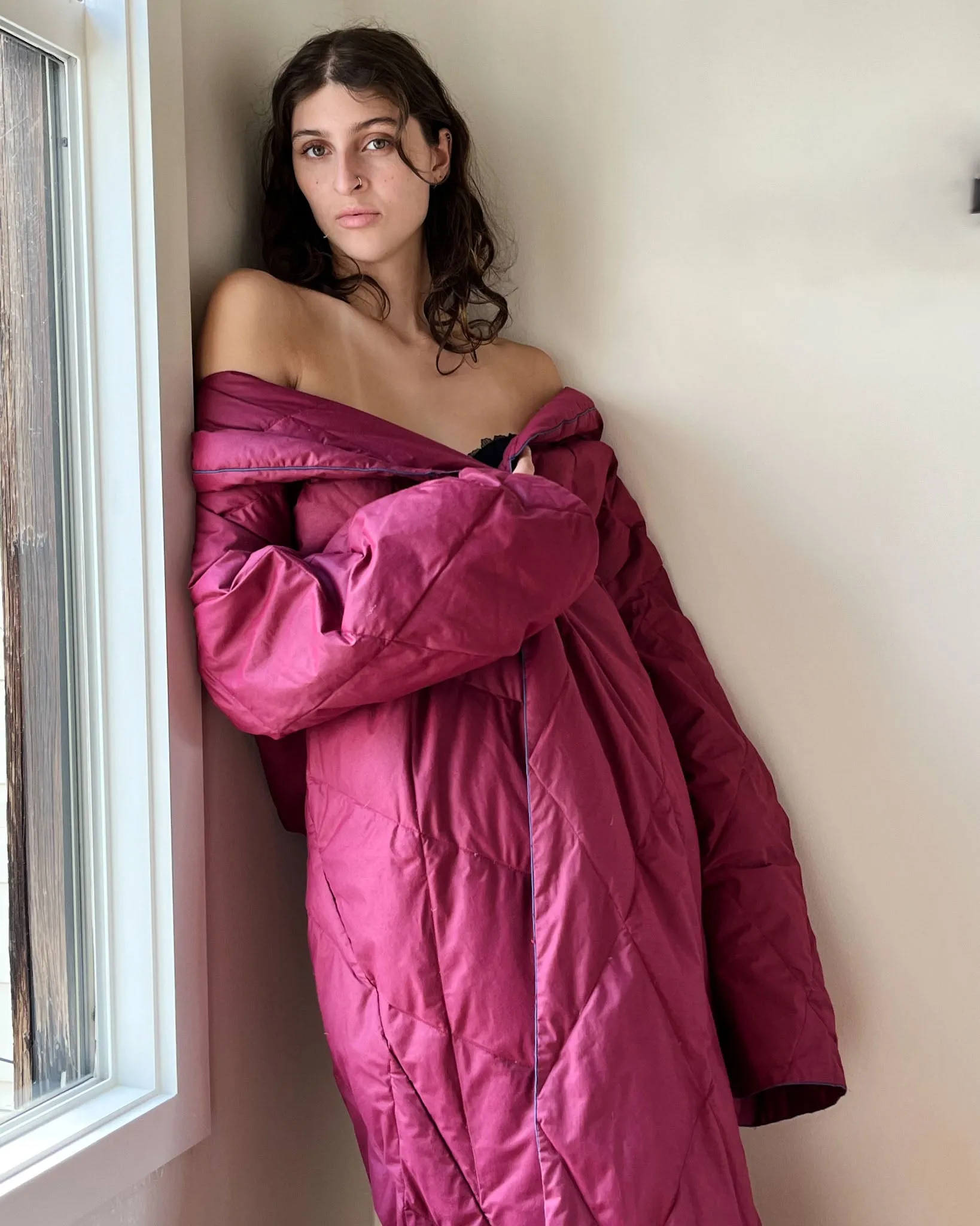 90s Berry Quilted Down Robe | S-XL