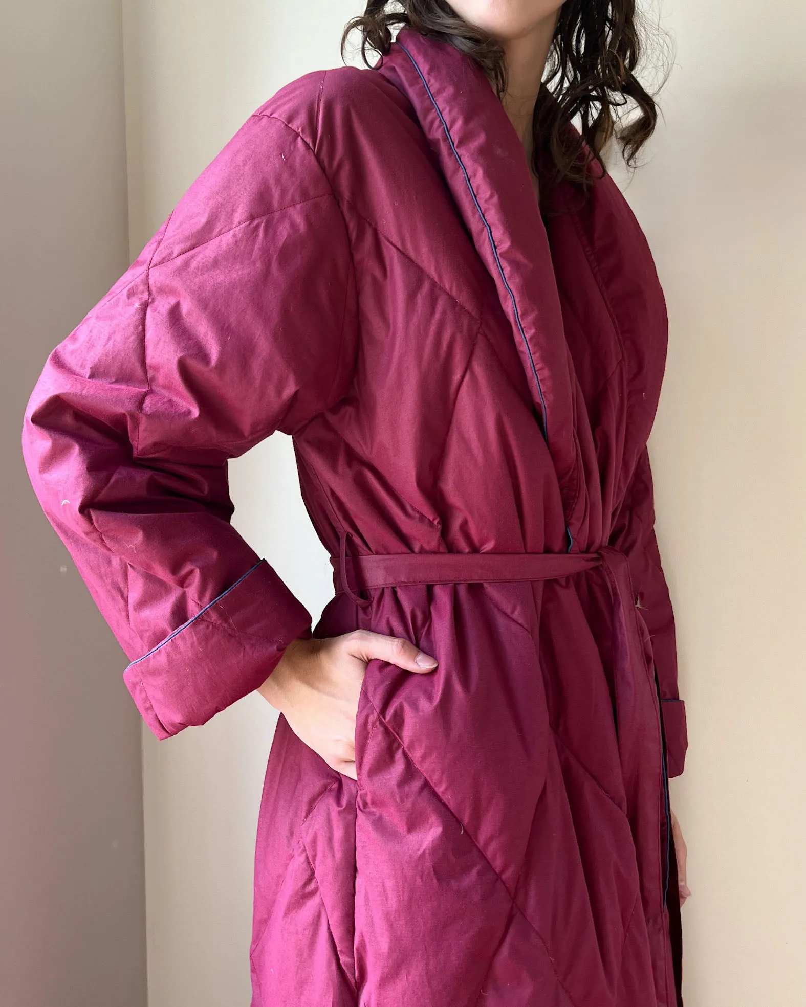 90s Berry Quilted Down Robe | S-XL