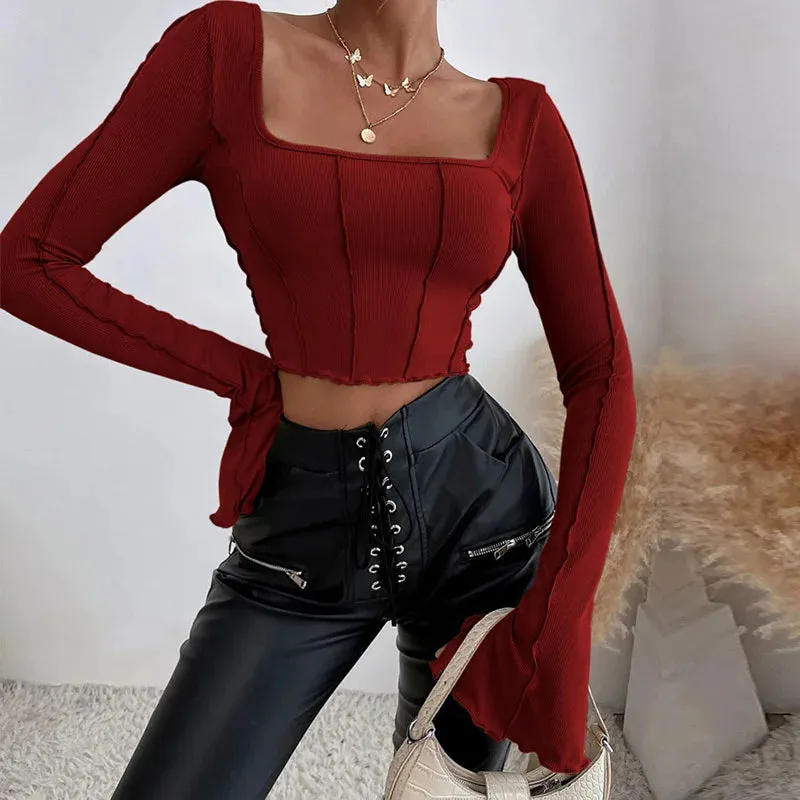 Black Long Sleeve Knitted Backless Tee