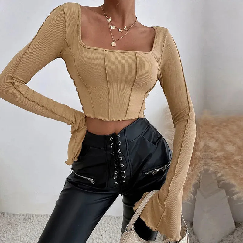 Black Long Sleeve Knitted Backless Tee