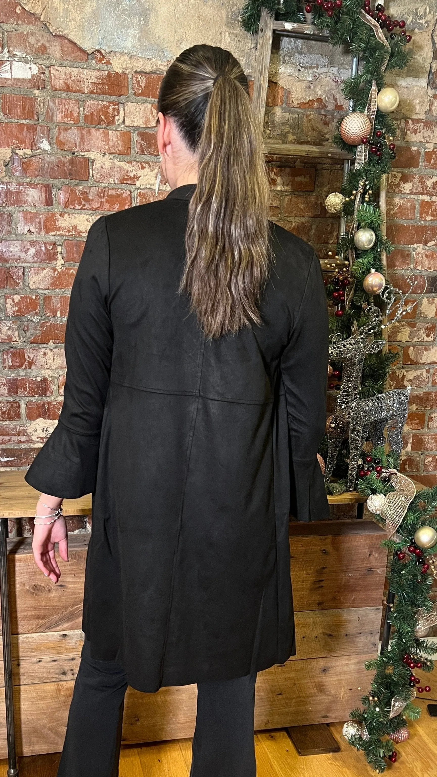 Black Ultra Suede Long Drape Front Coat