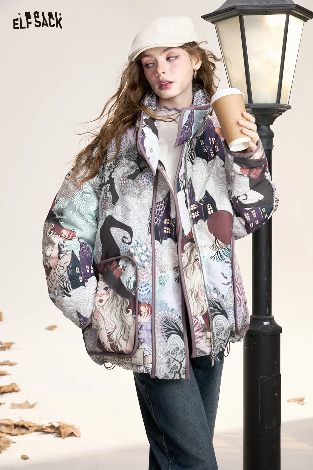 ELFSACK 2024 Winter New Arrivals Retro witch cartoon full print stand collar short down jacket women windproof warm coat