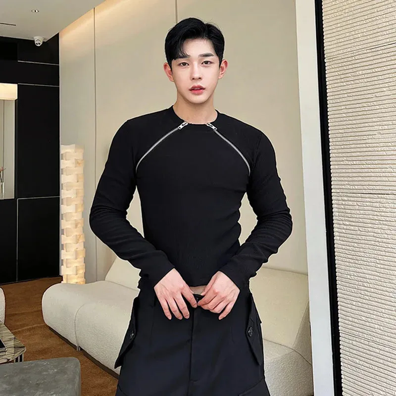 Men's Slim Long Sleeve T-shirts Autumn New Niche Design Dark Zipper Split Versatile Tight Tops Korean Style Clothing 9C1248