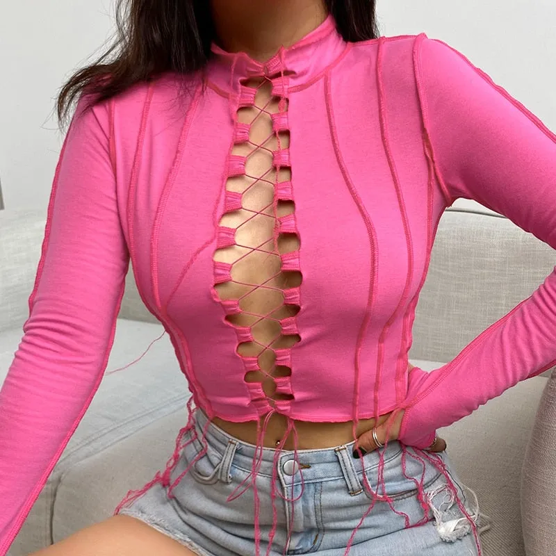 Pink Ribbed Hollow Out Sexy Party Cross Lace Up Crop Top Long Sleeve