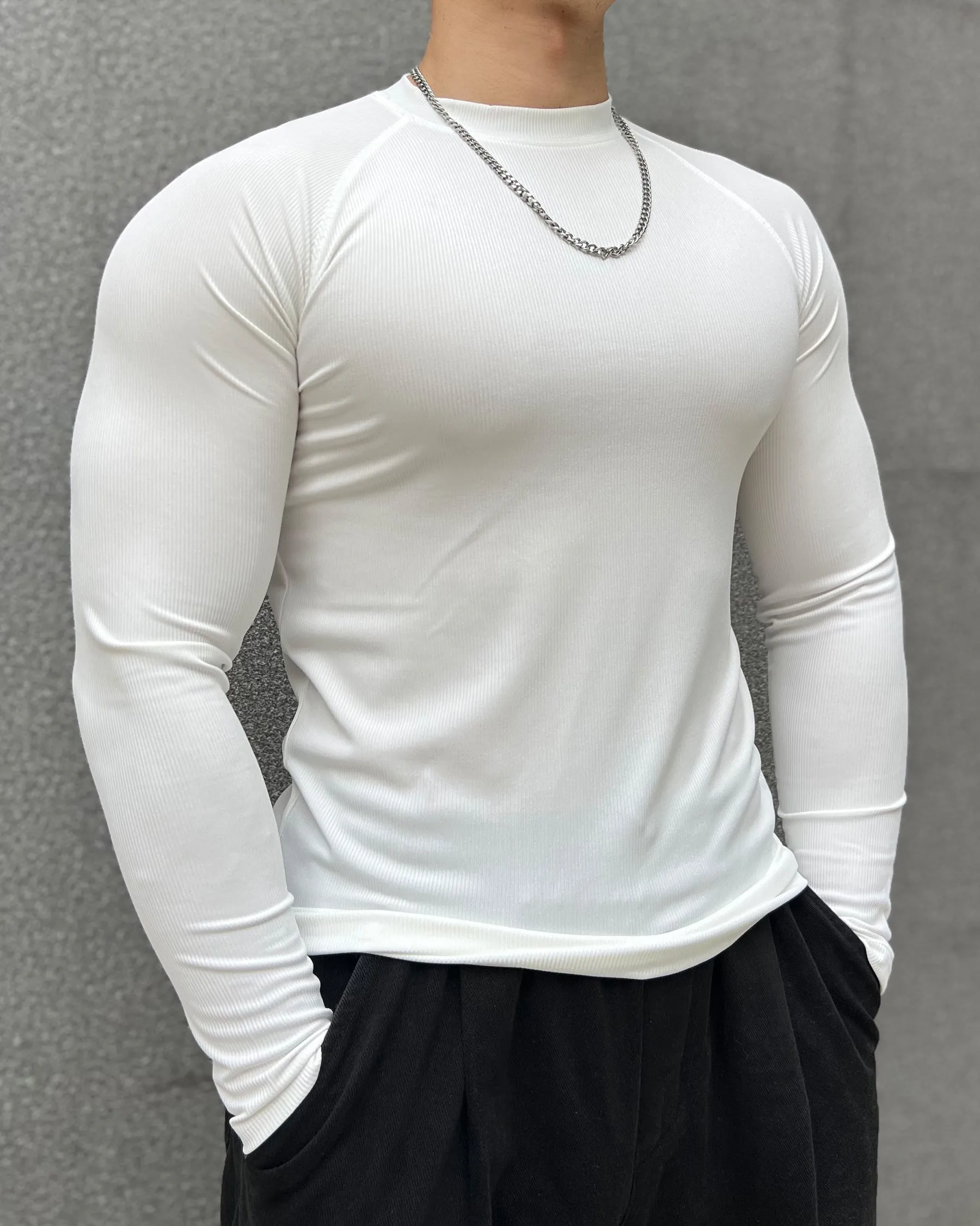 Ribbed Shoulder Cut Crew Neck Long Sleeve New