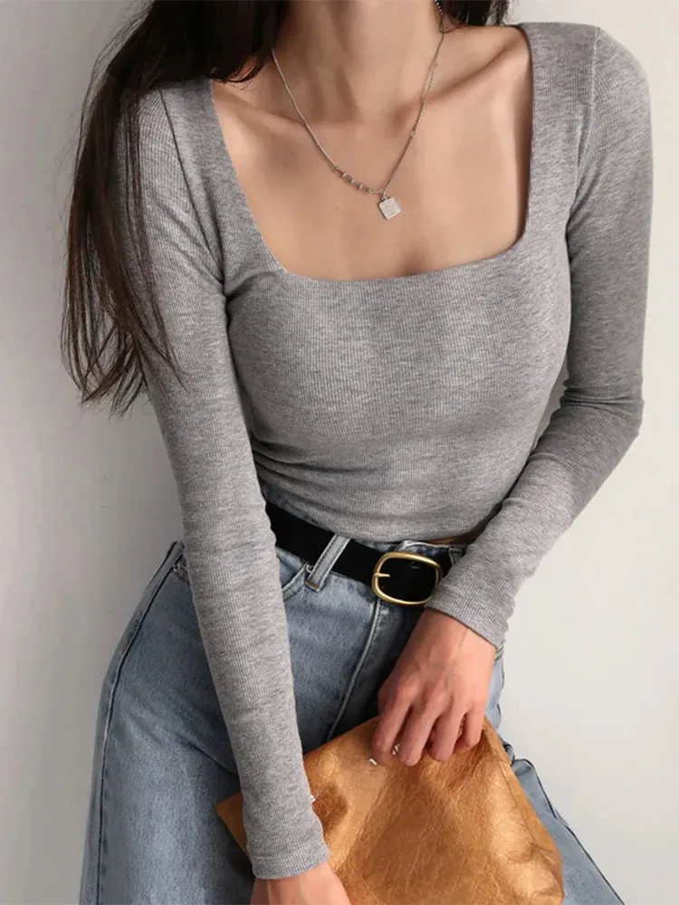 Ribbed Square Neck Long Sleeve Tee - Cotton