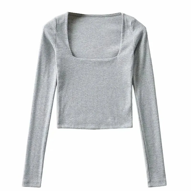 Ribbed Square Neck Long Sleeve Tee - Cotton