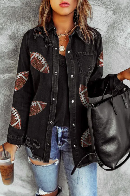 Sequin Football Patch Snap Down Distressed Jacket