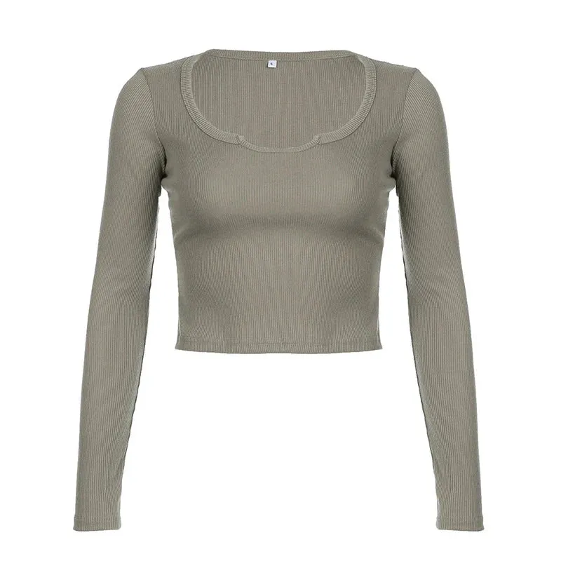 Solid Skinny Crop Top Long Sleeve Tee