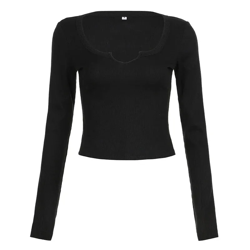 Solid Skinny Crop Top Long Sleeve Tee