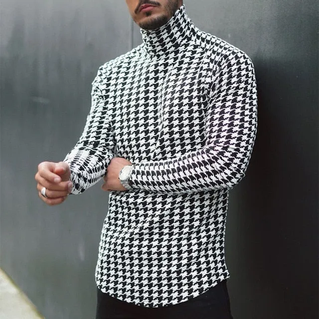 Turtleneck Long Sleeve Houndstooth T-Shirt