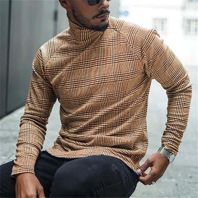 Turtleneck Long Sleeve Houndstooth T-Shirt