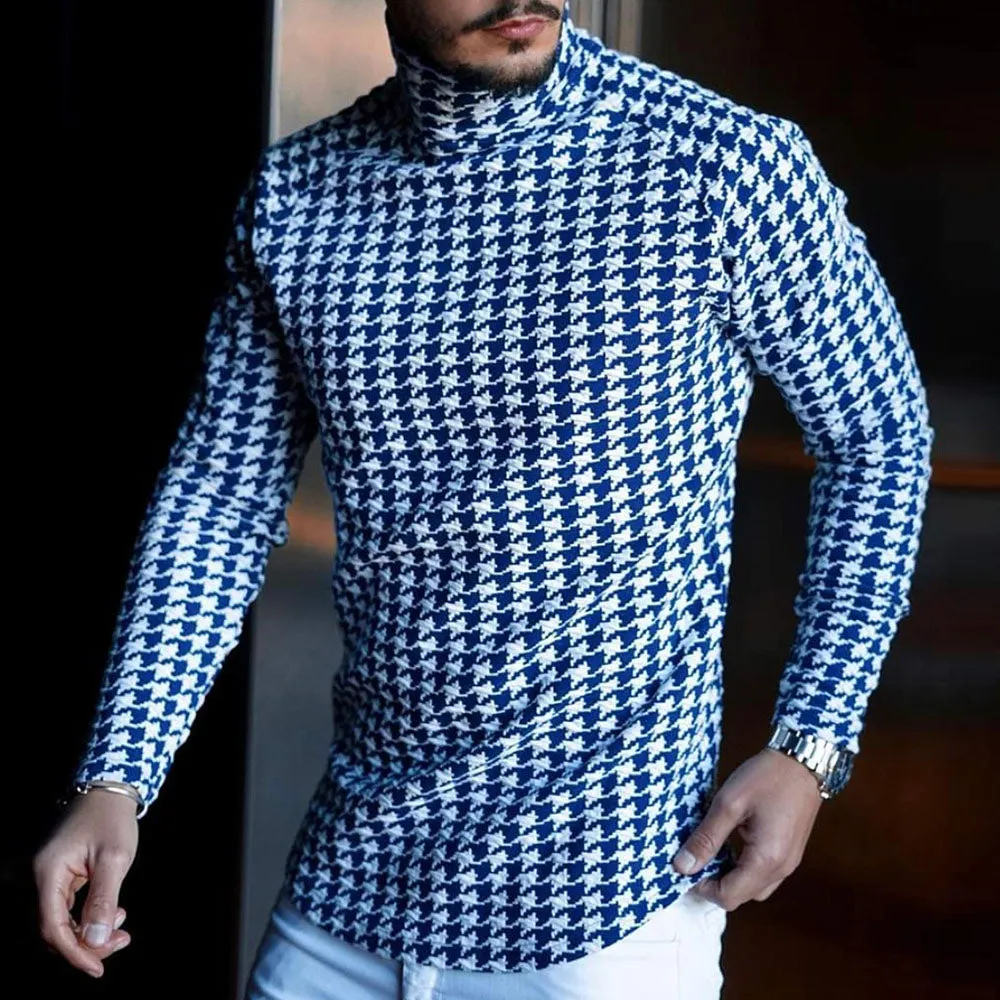 Turtleneck Long Sleeve Houndstooth T-Shirt